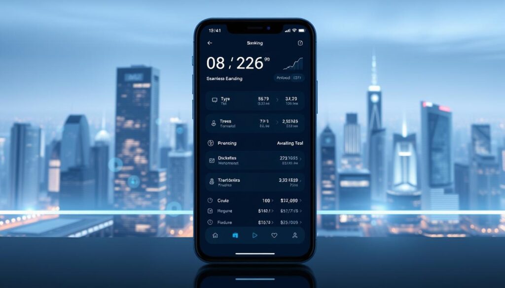 A modern, minimalist banking interface set against a sleek, futuristic backdrop. In the foreground, a streamlined N26 banking app displays seamless Eurozone financial management tools, with clean typography and intuitive icons. The middle ground features holograms of financial data and currency exchange rates, glowing with a cool, ambient light. In the background, a cityscape of contemporary high-rise buildings stretches out, hinting at the global reach of this digital banking solution. The scene is bathed in a soft, blue-tinted illumination, conveying a sense of technological sophistication and efficiency.