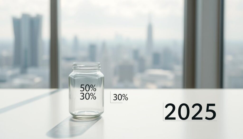 A modern, minimalist composition depicting a 50/30/20 budget allocation for the year 2025. In the foreground, three transparent glass jars representing the 50% for needs, 30% for wants, and 20% for savings, arranged neatly on a white countertop. Diffused natural light filters through the jars, creating a soft, calming atmosphere. The middle ground features a subtle graph or chart visualizing the proportional distribution of funds, rendered in a muted color palette. The background showcases a tranquil, out-of-focus cityscape, hinting at the idea of financial resilience and stability in the face of economic uncertainty.