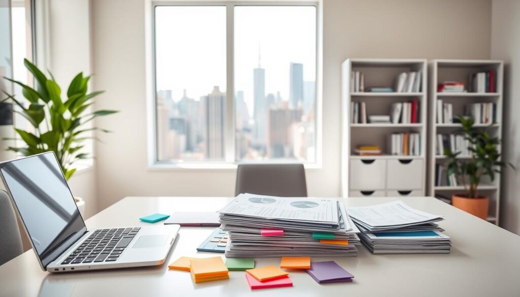 A modern, minimalist office with a bright, airy atmosphere. In the foreground, a desk with various budgeting tools arranged neatly - a laptop, a calculator, a stack of financial documents, and colorful sticky notes. The middle ground features a large window overlooking a vibrant city skyline, allowing natural light to stream in. In the background, a sleek bookshelf filled with finance-related books and a potted plant that adds a touch of greenery to the scene. The overall mood is one of focus, organization, and a sense of control over financial decisions.