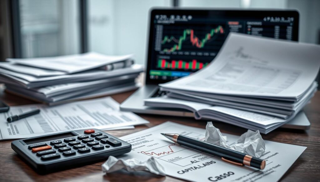 A modern office desk with stacks of financial documents, ledger books, and a laptop displaying stock charts and graphs. In the foreground, a calculator and pen lie next to crumpled papers representing capital gains and losses. The lighting is soft and diffused, creating a contemplative mood. The background is blurred, suggesting the complexities of tax planning and financial decisions. The overall scene conveys the challenges of navigating crypto tax implications, with a sense of organization and attention to detail. A modern office desk with stacks of financial documents, ledger books, and a laptop displaying stock charts and graphs. In the foreground, a calculator and pen lie next to crumpled papers representing capital gains and losses. The lighting is soft and diffused, creating a contemplative mood. The background is blurred, suggesting the complexities of tax planning and financial decisions. The overall scene conveys the challenges of navigating crypto tax implications, with a sense of organization and attention to detail.