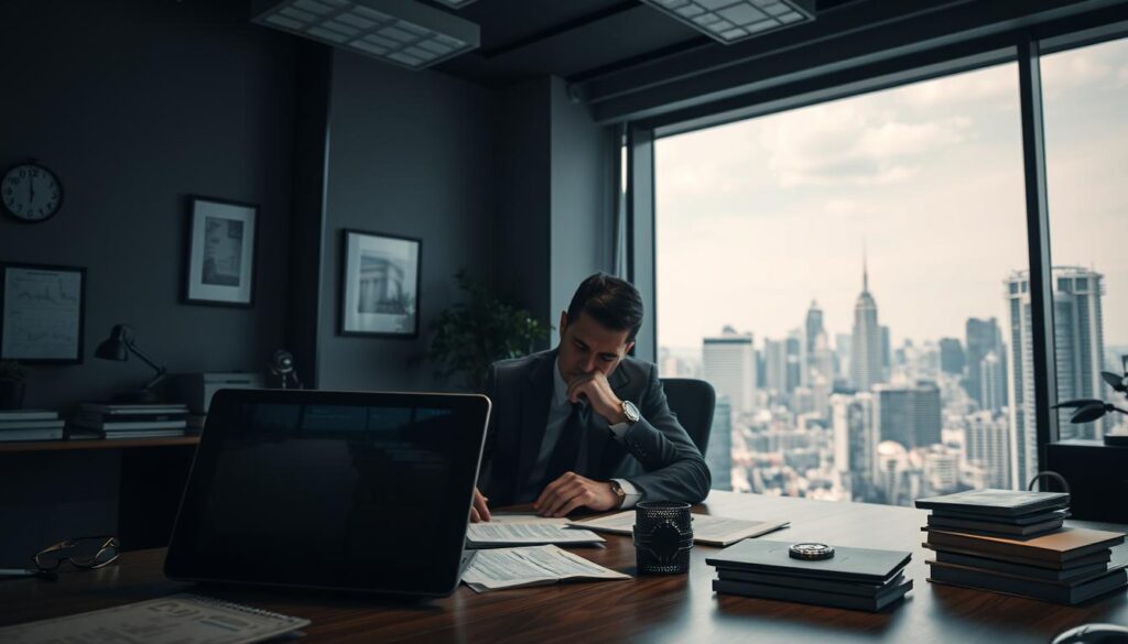 A modern office interior with a businessman sitting at a desk, deep in thought, surrounded by a mix of analog and digital financial tools. The room is dimly lit, with a sense of uncertainty and unease. In the foreground, a tablet displays a chatbot interface, hinting at the limitations of AI in providing personalized financial advice. The background features a large window overlooking a bustling city skyline, representing the complex, ever-changing nature of personal finance that AI struggles to fully comprehend. The overall atmosphere conveys the challenges and frustrations of relying on AI for crucial financial decisions.