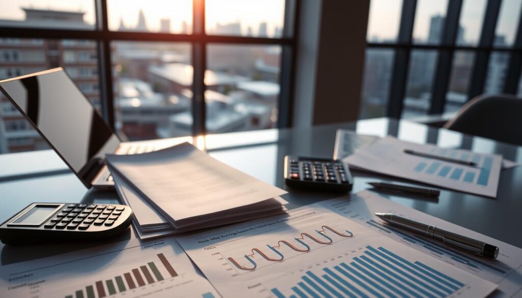 A modern office workspace with natural lighting filtering through large windows. On the desk, a stack of documents and a calculator symbolize quarterly tax payments, with a laptop and pen nearby representing the digital and manual aspects of tax preparation. The foreground features financial charts and graphs, while the background showcases a cityscape view, suggesting the real-world impact of these tax obligations. The overall mood is one of organization, diligence, and the融合of traditional and technological approaches to personal finance management.