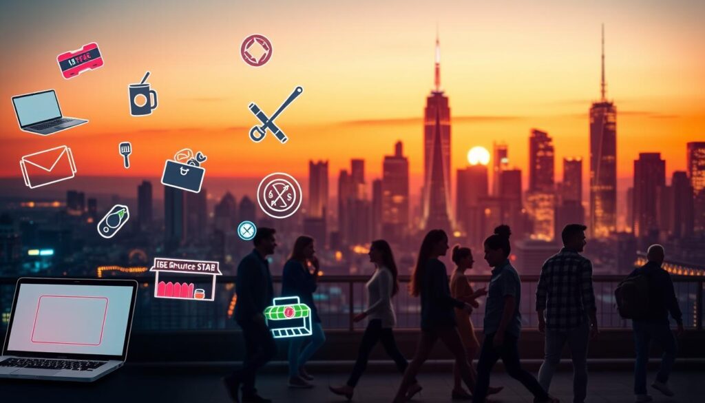 A neon-lit city skyline at dusk, with various side hustle icons floating in the foreground - a laptop, a toolbox, a lemonade stand, a paintbrush, and a food delivery bag. The middle ground features a diverse group of individuals engaged in their side gigs, some working remotely, others on the move. The background is a warm, vibrant color palette, suggesting a sense of energy and optimism. The lighting is soft and atmospheric, creating a sense of ambiance and possibility. The overall scene conveys the idea of people proactively finding creative ways to supplement their incomes and close budget gaps in the face of economic challenges.