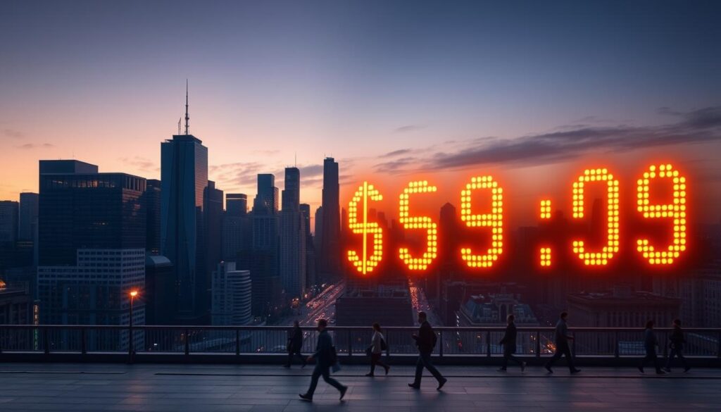 A panoramic view of a city skyline at dusk, with a prominent credit score display in the foreground. The score is shown in large, bold digits, illuminated by a warm, golden light, casting an ethereal glow over the cityscape. In the middle ground, silhouettes of people hurry through the streets, their movements suggesting the importance of maintaining a strong credit profile. The background features towering skyscrapers, their glass facades reflecting the changing hues of the evening sky, symbolizing the ever-evolving financial landscape. The overall scene conveys the profound impact of credit scores on one's life in the modern urban environment. A panoramic view of a city skyline at dusk, with a prominent credit score display in the foreground. The score is shown in large, bold digits, illuminated by a warm, golden light, casting an ethereal glow over the cityscape. In the middle ground, silhouettes of people hurry through the streets, their movements suggesting the importance of maintaining a strong credit profile. The background features towering skyscrapers, their glass facades reflecting the changing hues of the evening sky, symbolizing the ever-evolving financial landscape. The overall scene conveys the profound impact of credit scores on one's life in the modern urban environment.