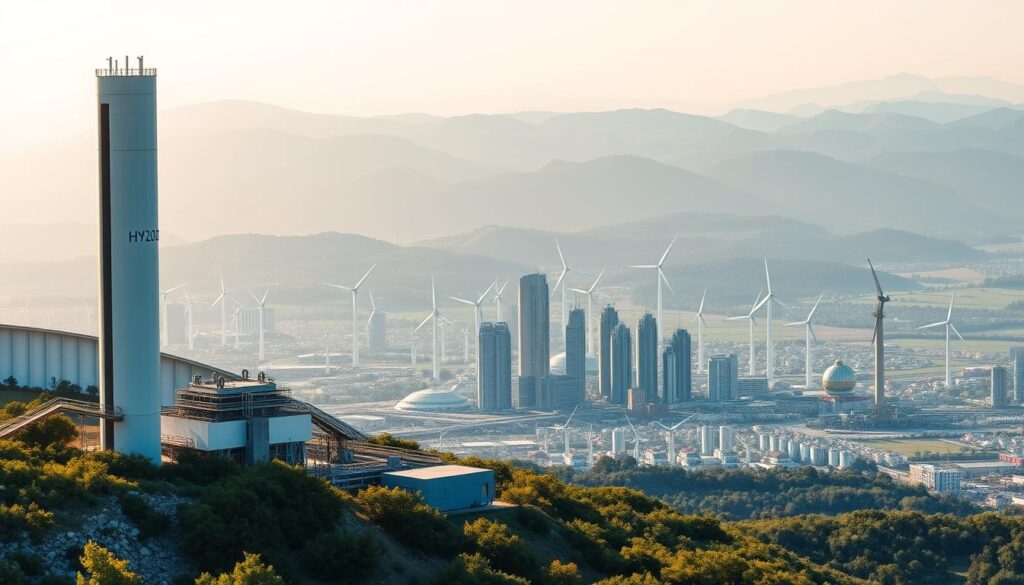 A panoramic view of a dynamic global hydrogen market, showcasing a seamless integration of renewable energy sources. In the foreground, a towering hydrogen production facility stands tall, its sleek design exuding technological innovation. The middle ground features a bustling metropolis, its skyline adorned with wind turbines and solar panels, harnessing the power of clean energy. In the background, a vast expanse of rolling hills and lush greenery, symbolizing the sustainable future of the energy landscape. Crisp, warm lighting illuminates the scene, capturing the sense of progress and optimism. The image conveys the surging growth and potential of the global green hydrogen market, a pivotal player in the transition to a renewable energy-driven world.