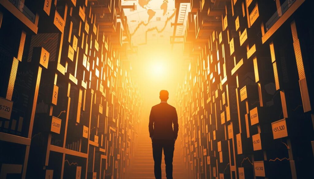 A person confidently navigating through a labyrinth of financial obstacles, illuminated by a warm, golden light. In the foreground, a serene figure stands tall, their gaze fixed on the path ahead, exuding a sense of determination and inner strength. The middle ground reveals a maze of complex financial charts, graphs, and calculations, representing the challenges to overcome. In the background, a metaphorical sunrise breaks through, signifying a brighter financial future, a testament to the power of overcoming fear and embracing financial resilience.