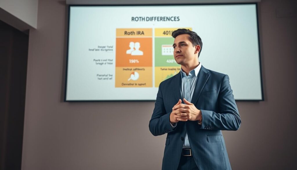 A professional, clean-cut businessman stands in the foreground, hands clasped, looking thoughtfully at a financial diagram projected on a wall behind him. The diagram contrasts the key differences between a Roth IRA and a 401(k) in a visually compelling way, using bold colors, charts, and icons. The room is well-lit with soft, directional lighting, creating a warm, authoritative atmosphere. The camera angle is slightly low, lending a sense of gravity and importance to the scene. Every detail is meticulously designed to illustrate the core concepts of Roth IRA vs. 401(k) investments in 2025.