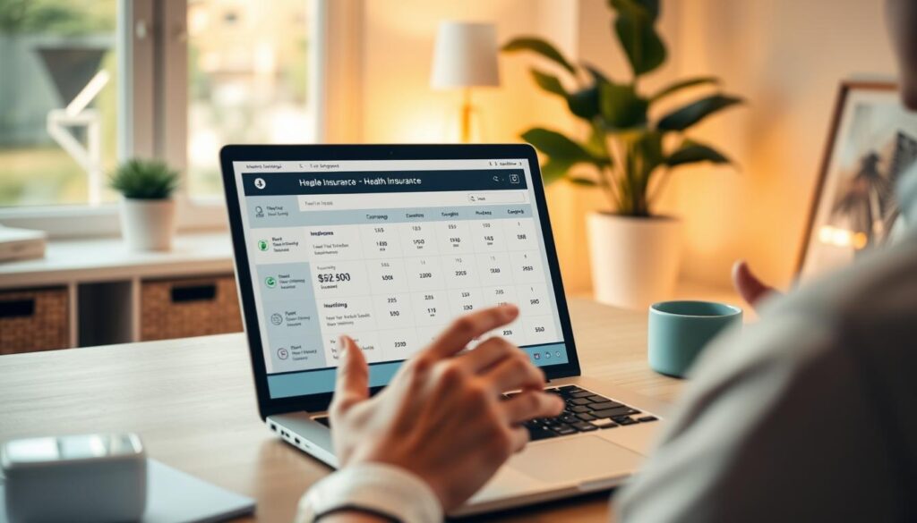 A remote worker reviewing various health insurance plans on a laptop, set against a cozy home office backdrop with warm lighting and a minimalist, modern decor. The laptop screen displays a comparison of coverage options and costs, with relevant icons and infographics. In the foreground, the person's hands gesture thoughtfully, while in the background, a potted plant and a framed piece of artwork add a touch of personal style to the space.