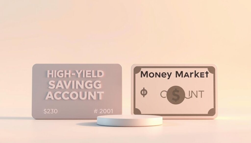 A serene and minimalist scene, depicting a high-yield savings account and a money market account side-by-side. The foreground features the two financial instruments, rendered in a clean, modern style with a tactile, three-dimensional quality. The background is a soft, ethereal gradient, subtly suggesting the financial landscape. Indirect lighting casts a warm, inviting glow, creating a sense of stability and reliability. The overall composition is balanced and visually striking, inviting the viewer to contemplate the differences and merits of these two savings options. A serene and minimalist scene, depicting a high-yield savings account and a money market account side-by-side. The foreground features the two financial instruments, rendered in a clean, modern style with a tactile, three-dimensional quality. The background is a soft, ethereal gradient, subtly suggesting the financial landscape. Indirect lighting casts a warm, inviting glow, creating a sense of stability and reliability. The overall composition is balanced and visually striking, inviting the viewer to contemplate the differences and merits of these two savings options.
