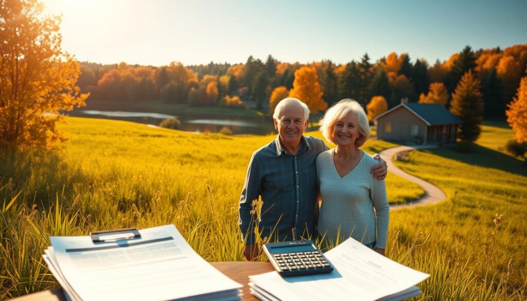A serene financial landscape, with a retired couple basking in the golden glow of a sun-dappled meadow. In the foreground, a stack of documents and a calculator, symbolizing the careful planning and tax-efficient strategies they've implemented. In the middle ground, a winding path leading to a picturesque cottage, hinting at the comfortable, worry-free lifestyle they've achieved. The background features a tranquil lake, its waters reflecting the vibrant autumn foliage of the surrounding trees, creating a sense of harmony and balance. The lighting is soft and warm, with a subtle lens flare to evoke a sense of contentment and prosperity. The overall mood is one of financial security, with the retired couple exuding a sense of serenity and fulfillment.