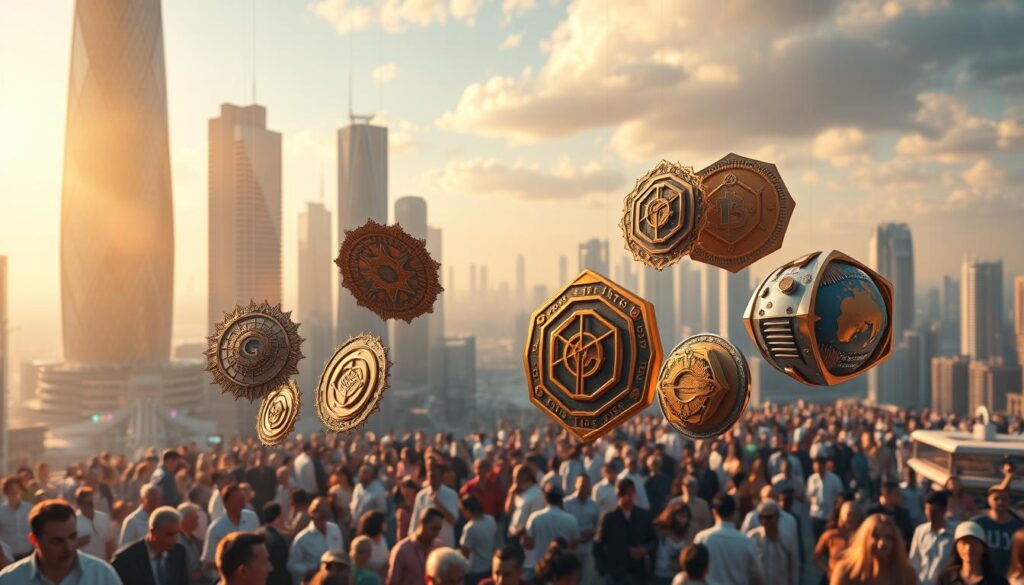 A serene, futuristic cityscape with gleaming skyscrapers and holographic displays, bathed in a warm, golden glow. In the foreground, a collection of distinctive, three-dimensional NFT artworks hover, their intricate designs and vibrant colors capturing the viewer's attention. The middle ground features a bustling crowd of investors, their expressions a mix of excitement and contemplation as they explore the high-potential NFT collections. The background showcases a skyline filled with cutting-edge, blockchain-powered architecture, hinting at the transformative potential of the digital asset market. The overall atmosphere conveys a sense of innovation, opportunity, and the promise of a new era in digital ownership.