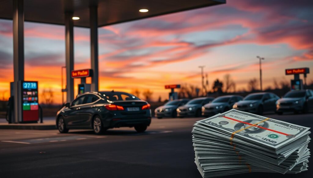 A serene gas station at dusk, the sky a tapestry of warm hues. A car pulls into the well-lit forecourt, its driver carefully monitoring the fuel gauge and the price display. In the foreground, a stack of bills symbolizes the savings accrued from timing the fill-up just right. The middle ground features a clear, unobstructed view of the pumps, their digital readouts showcasing the discounted price per gallon. In the background, a row of sleek, modern vehicles await their turn, underscoring the universality of this money-saving strategy. The overall atmosphere is one of efficiency, financial prudence, and a sense of satisfaction in outsmarting the system.