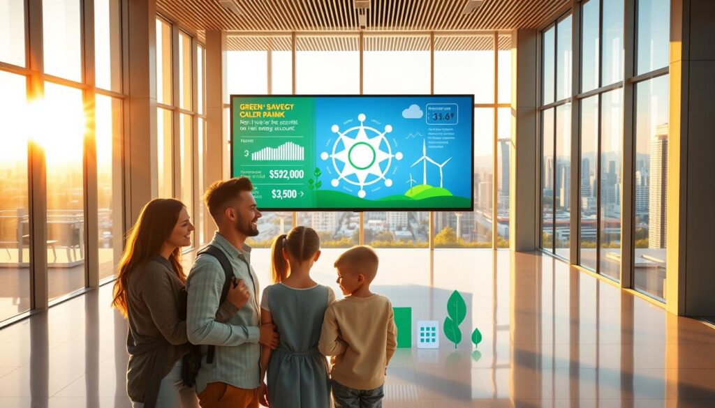 A serene, modern banking hall with floor-to-ceiling windows bathed in warm, golden sunlight. In the foreground, a young family opens a new high-interest green savings account, their faces alight with enthusiasm. Behind them, a large digital display showcases renewable energy statistics and investment opportunities. The middle ground features stylized iconography of solar panels, wind turbines, and hydroelectric dams, all converging into a central icon representing sustainable finance. In the background, a panoramic vista of a thriving eco-city, its skyline dotted with skyscrapers topped with solar arrays. An atmosphere of environmental optimism and financial empowerment pervades the scene.