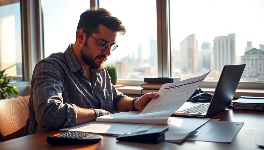 A serene office setting with a laptop, documents, and a calculator on a wooden desk. Sunlight streams through large windows, casting a warm glow across the room. In the foreground, a digital nomad reviews state tax forms and regulations, brow furrowed in concentration. The background features a city skyline, hinting at the global reach of their location-independent lifestyle. The scene conveys the thoughtful, diligent approach required to navigate the complexities of state taxes as a digital nomad in 2025.