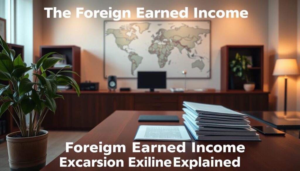 A serene office setting, with a large wooden desk and a potted plant in the foreground. On the desk, a stack of documents and a laptop, subtly hinting at the concept of "foreign earned income exclusion". The middle ground features a world map on the wall, symbolizing the global nature of tax filing. The background is softly lit, with warm, natural lighting filtering through the window, creating a calming atmosphere. The overall composition conveys a sense of professionalism and attention to financial details, perfectly suited to illustrate the section on "The Foreign Earned Income Exclusion Explained".