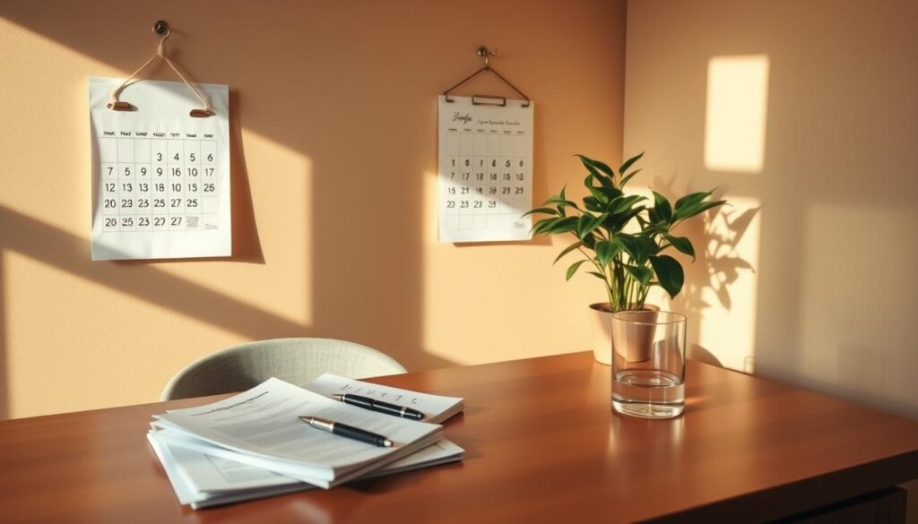A serene, sun-drenched home office, with a minimalist wooden desk, a tasteful wall calendar, and a potted plant casting soft shadows. On the desk, a stack of financial documents, a pen, and a glass of water, conveying a sense of focused productivity. The background features warm, muted tones, creating a calming, inspirational atmosphere. The lighting is natural, with gentle beams filtering through the window, illuminating the scene and evoking a sense of clarity and determination. The overall composition is well-balanced, inviting the viewer to imagine themselves in this space, actively engaged in their debt-free journey.