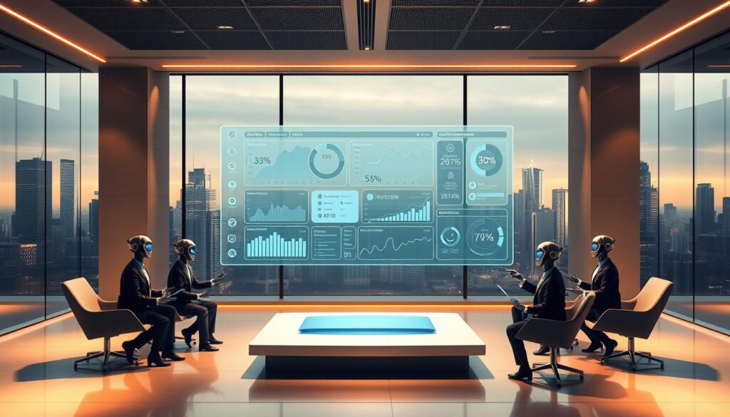 A sleek and modern office space, bathed in warm, indirect lighting. At the center, a floating holographic display projects a complex financial dashboard, with dynamic visualizations of tax data, compliance metrics, and optimization insights. Around it, a team of stylized AI assistants in business attire, each with distinct personalities, interacts with the display, offering recommendations and guiding the user through the intricacies of AI-powered tax compliance. In the background, a cityscape of gleaming skyscrapers and futuristic architecture sets the stage for this cutting-edge technological solution, designed to simplify the challenges of revenue taxation in the age of artificial intelligence.