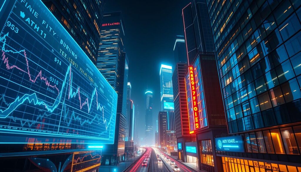 A sleek, futuristic cityscape at night, with a vibrant, neon-lit stock market display as the focal point. The display shows dynamic line graphs, candlestick charts, and other financial data visualizations, all rendered in a vibrant, holographic-like effect. The buildings in the background are tall, angular skyscrapers, their windows reflecting the city lights in a mesmerizing pattern. The scene is illuminated by a mix of cool, blue-tinted street lamps and warm, amber-hued lighting from the financial displays, creating a captivating, high-tech atmosphere. The camera angle is slightly elevated, giving a bird's-eye view of the dynamic, data-driven landscape.