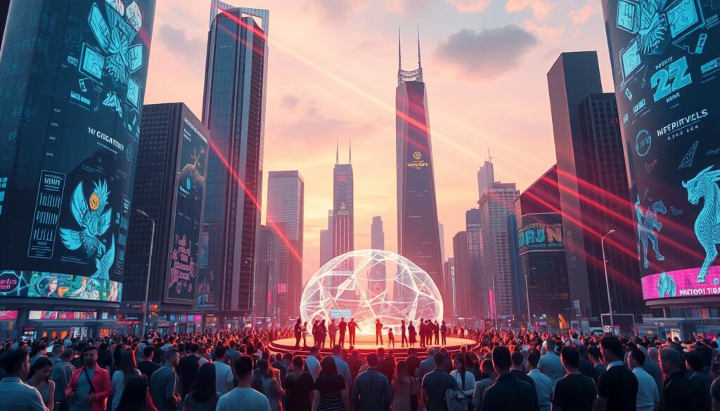 A sleek, futuristic cityscape with towering skyscrapers, their facades adorned with holographic displays showcasing dynamic NFT artworks. In the foreground, a crowd of people gathers around a central platform, their attention fixed on the interactive projection of a 3D virtual marketplace. Beams of iridescent light crisscross the scene, casting an ethereal glow and hinting at the seamless integration of blockchain technology into the fabric of this advanced urban landscape. The overall mood is one of innovation, excitement, and the boundless potential of NFT-powered fundraising for the next generation of startups and entrepreneurs. A sleek, futuristic cityscape with towering skyscrapers, their facades adorned with holographic displays showcasing dynamic NFT artworks. In the foreground, a crowd of people gathers around a central platform, their attention fixed on the interactive projection of a 3D virtual marketplace. Beams of iridescent light crisscross the scene, casting an ethereal glow and hinting at the seamless integration of blockchain technology into the fabric of this advanced urban landscape. The overall mood is one of innovation, excitement, and the boundless potential of NFT-powered fundraising for the next generation of startups and entrepreneurs.