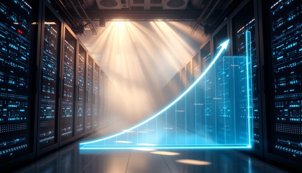 A sleek, futuristic data center housing powerful quantum computers, the glow of their circuitry illuminating the room with an ethereal luminance. In the foreground, a holographic display showcases the exponential growth curve of quantum computing performance, its trajectory soaring upwards. The background is shrouded in a soft, hazy mist, conveying a sense of the limitless potential of this revolutionary technology. Rays of light pierce through, casting dynamic shadows and creating an atmosphere of scientific advancement and innovation. The overall mood is one of awe-inspiring progress, highlighting the transformative impact of quantum computing on the future of technology.