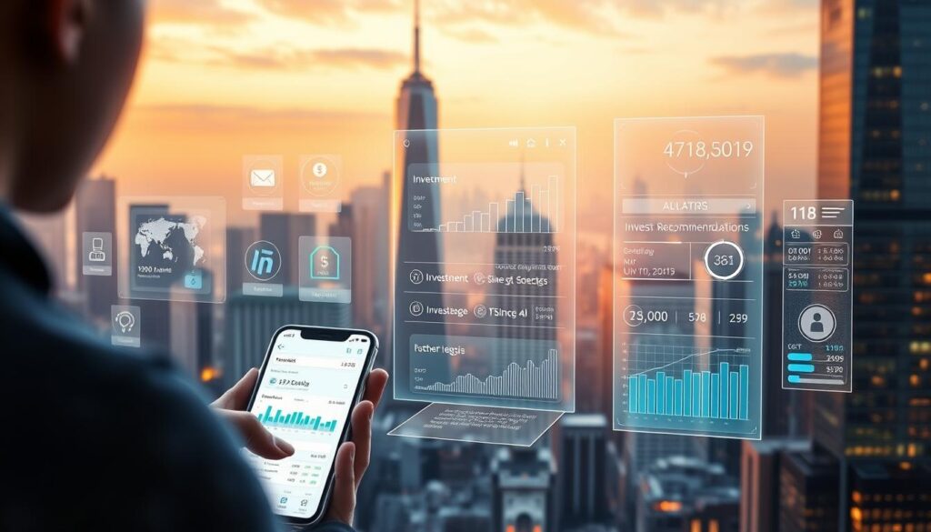 A sleek, futuristic interface showcasing a variety of AI-powered financial wellness tools. In the foreground, a user interacts with a mobile app displaying personalized budget forecasts, investment recommendations, and debt management strategies. In the middle ground, holographic visualizations of financial data and predictive analytics float ethereally. The background depicts a cityscape of towering skyscrapers, bathed in a warm, ambient glow to convey a sense of technological progress and financial security. The overall mood is one of digital empowerment, with the AI acting as a trusted financial companion guiding the user towards greater fiscal well-being. A sleek, futuristic interface showcasing a variety of AI-powered financial wellness tools. In the foreground, a user interacts with a mobile app displaying personalized budget forecasts, investment recommendations, and debt management strategies. In the middle ground, holographic visualizations of financial data and predictive analytics float ethereally. The background depicts a cityscape of towering skyscrapers, bathed in a warm, ambient glow to convey a sense of technological progress and financial security. The overall mood is one of digital empowerment, with the AI acting as a trusted financial companion guiding the user towards greater fiscal well-being.