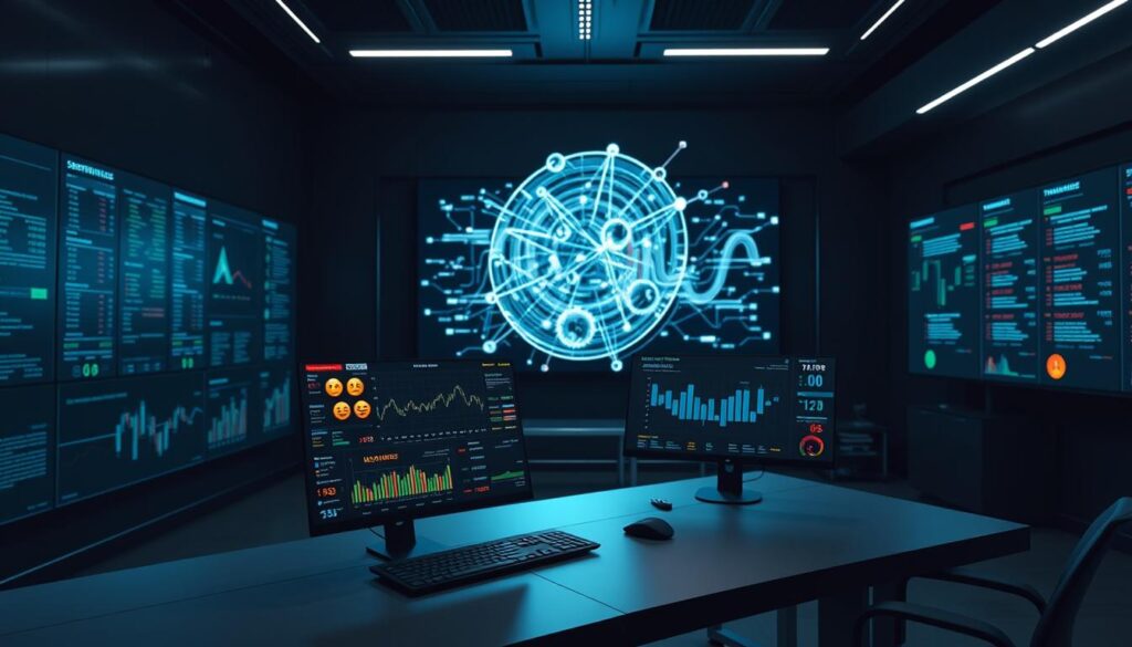 A sleek, futuristic trading desk in a dimly lit, high-tech office. On the desktop, a sentiment analysis dashboard displays real-time stock data, with emoticons and color-coded indicators representing the mood and sentiment of the market. In the background, a large holographic display shows an intricate 3D visualization of complex trading algorithms and data flows. Overhead, a soft, ambient lighting creates a contemplative atmosphere, while the desk is illuminated by the glow of multiple high-resolution monitors.