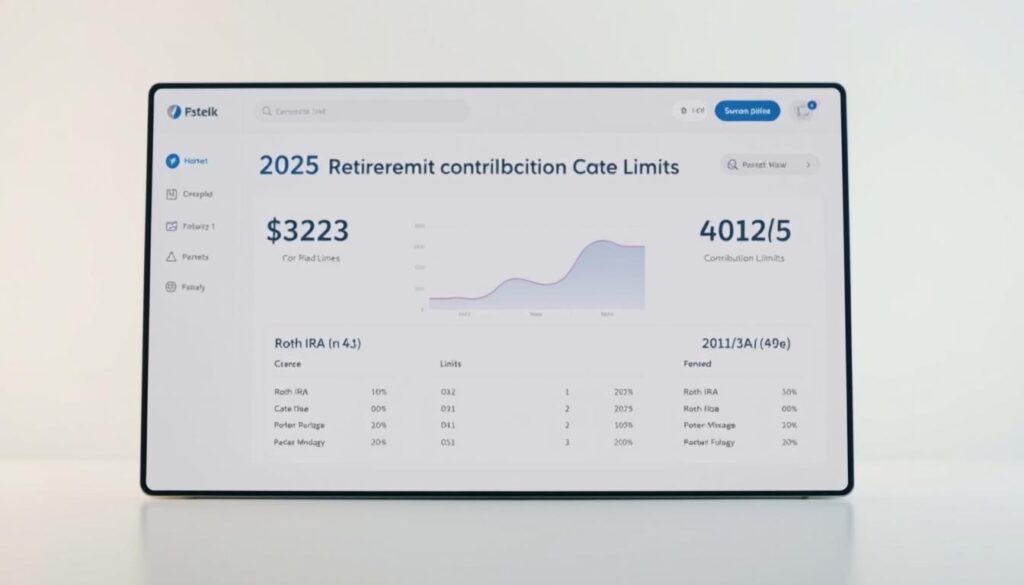 A sleek, modern financial dashboard depicting the 2025 retirement contribution limits. In the foreground, a clean user interface showcases Roth IRA and 401(k) contribution limits, with clear, legible typography and intuitive icons. The middle ground features a graph or chart comparing the limits, offering a visual representation of the data. The background is a minimalist, gradient-based design, creating a sophisticated and professional atmosphere. The lighting is soft and diffused, with a subtle, warm tone that conveys a sense of stability and reliability. The camera angle is slightly elevated, giving the image a sense of authority and expertise.