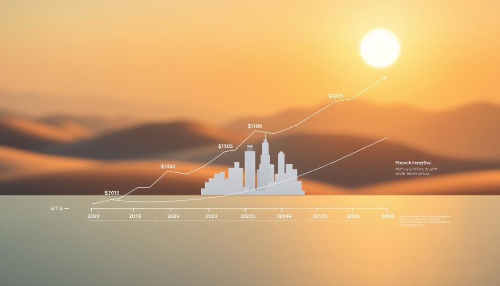 A sleek, modern financial roadmap depicting a monthly investment journey in 2025. The foreground features a minimalist infographic with clean lines and geometric shapes, showcasing the growth of a $100 monthly investment over time. The middle ground displays a stylized, isometric city skyline, representing the potential returns. The background is a serene, sunlit landscape with soft lighting, conveying a sense of stability and long-term growth. The overall composition is well-balanced, with a sophisticated, data-driven aesthetic that aligns with the article's subject matter.