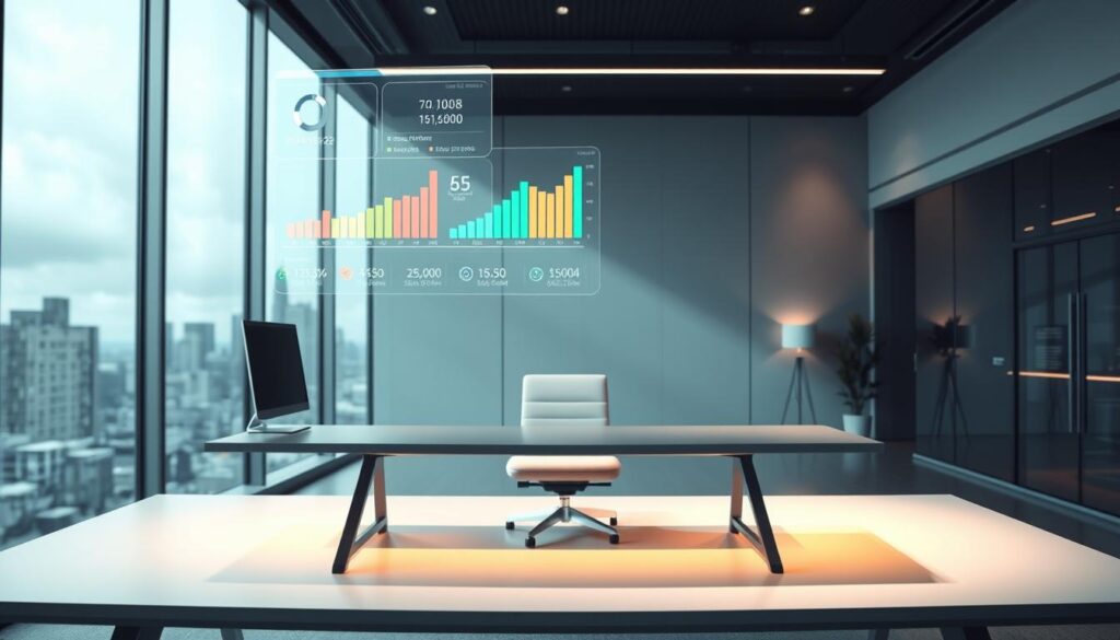 A sleek, modern office interior with a large desk and an advanced AI assistant displayed on a holographic screen. In the foreground, colorful data visualizations and financial charts float above the desk, showcasing the AI's budgeting recommendations. Soft, directional lighting illuminates the scene, creating a sense of depth and sophistication. The middle ground features a minimalist, ergonomic chair and subtle ambient lighting, while the background depicts a panoramic city skyline visible through floor-to-ceiling windows, conveying a sense of urban prosperity. The overall atmosphere is one of efficiency, technological prowess, and financial empowerment.