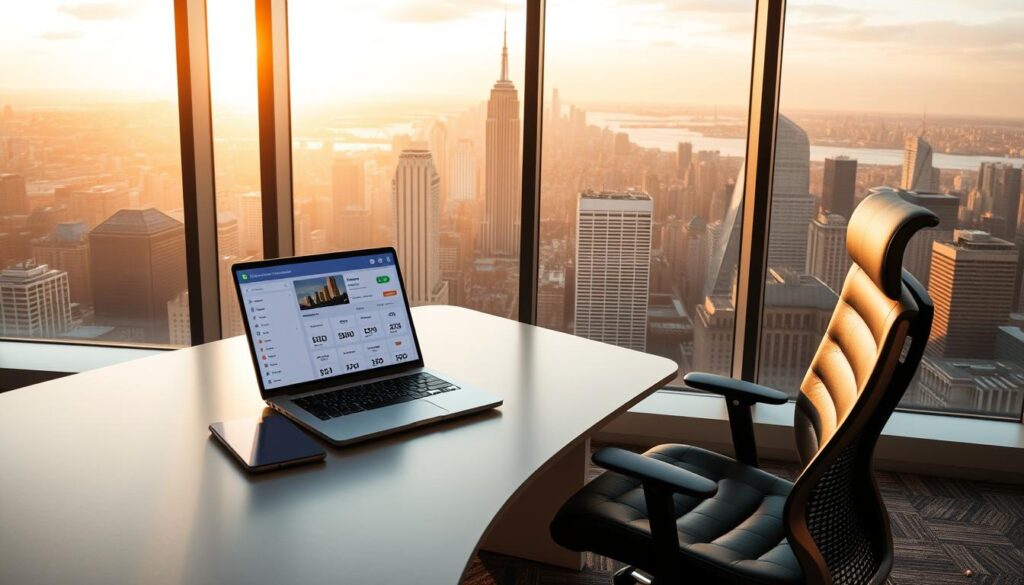 A sleek, modern office interior with a large desk and ergonomic chair. On the desk, a laptop displays a user interface showcasing various tokenized asset investment options. Framed by floor-to-ceiling windows, the background features a panoramic view of a bustling city skyline, bathed in warm, golden afternoon light. A sense of sophistication and financial opportunity pervades the scene. The composition emphasizes the seamless integration of technology and investment, inviting the viewer to explore the world of tokenized asset investing. A sleek, modern office interior with a large desk and ergonomic chair. On the desk, a laptop displays a user interface showcasing various tokenized asset investment options. Framed by floor-to-ceiling windows, the background features a panoramic view of a bustling city skyline, bathed in warm, golden afternoon light. A sense of sophistication and financial opportunity pervades the scene. The composition emphasizes the seamless integration of technology and investment, inviting the viewer to explore the world of tokenized asset investing.