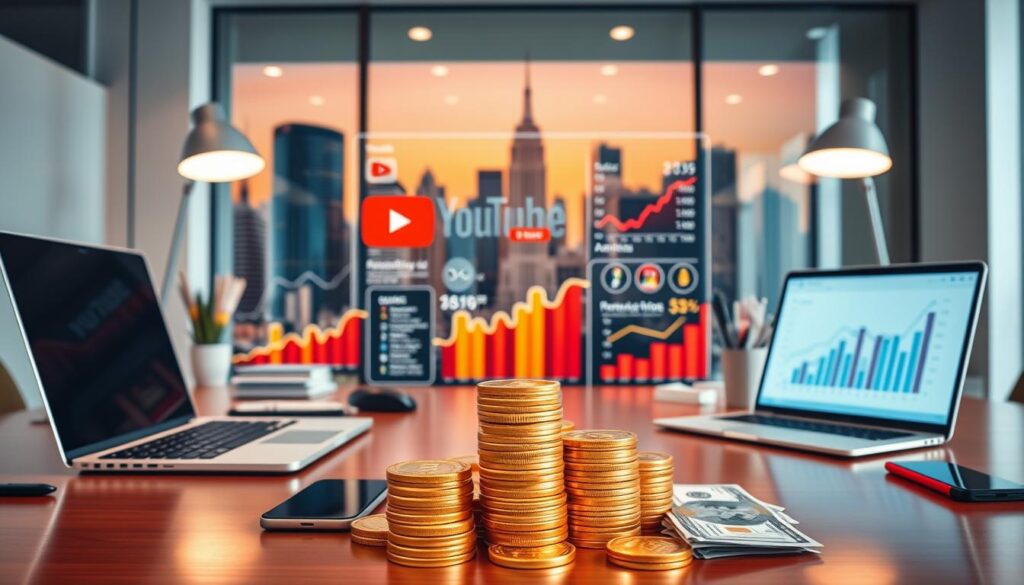 A sleek, modern office setting with a well-lit desk showcasing a laptop, smartphone, and various office supplies. In the foreground, a stack of gold coins and dollar bills represent the financial aspect of YouTube monetization. The middle ground features a vibrant, dynamic display of various YouTube analytics and revenue metrics, with colorful graphs and charts. The background depicts a cityscape with skyscrapers, symbolizing the global reach and potential of a successful YouTube channel. The lighting is warm and inviting, creating a sense of professionalism and prosperity. The overall atmosphere conveys the idea of leveraging YouTube to maximize profits and build a thriving online business.