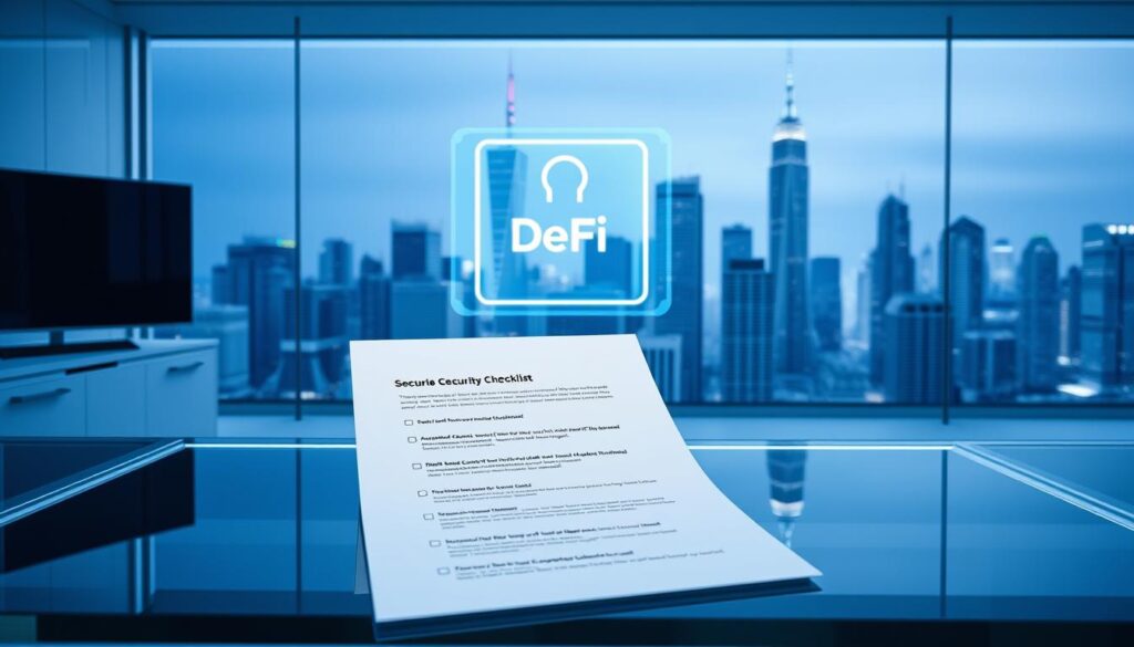 A sleek, modern workspace with a futuristic, minimalist aesthetic. In the foreground, a transparent glass desk displays a comprehensive DeFi security checklist, its crisp, clean layout showcasing key factors to consider when investing in DeFi platforms. The middle ground features a floating holographic display, projecting a secure DeFi transaction in progress, while the background depicts a cityscape of gleaming skyscrapers, symbolizing the financial landscape of 2025. The scene is bathed in a cool, blue-tinted lighting, creating a sense of technological sophistication and security.