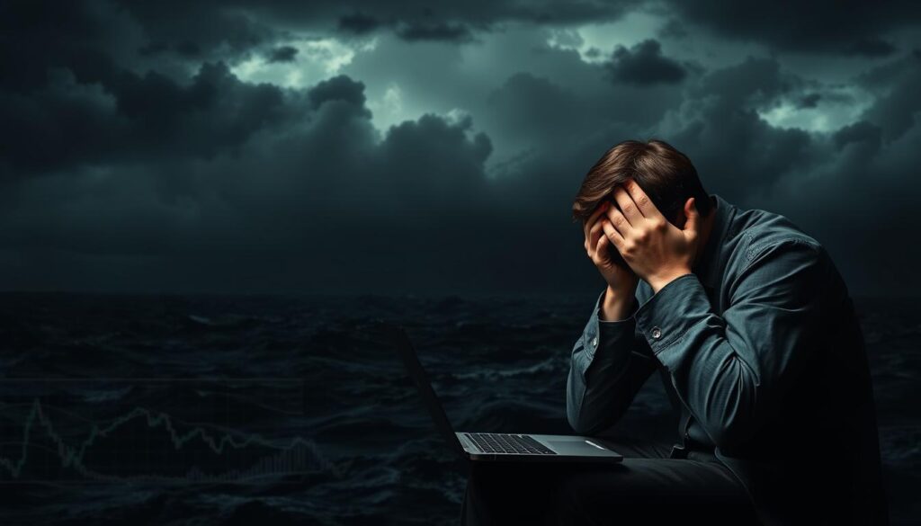 Una escena sombría y oscura que representa los riesgos emocionales de invertir en tiempos turbulentos. En primer plano, un inversor preocupado se sienta encorvado sobre su portátil, con las manos agarrándose la cabeza en señal de frustración. El plano medio muestra un conjunto caótico de gráficos y tablas financieras, ondulando como un mar turbulento. Al fondo, amenazantes nubarrones se ciernen, creando una atmósfera opresiva y amenazante. La tenue iluminación proyecta sombras alargadas, acentuando la sensación de inquietud e incertidumbre. La composición general transmite la angustia, las dudas y la agitación emocional que pueden aquejar a los inversores durante períodos de turbulencia económica y volatilidad del mercado. Una escena sombría y oscura que representa los riesgos emocionales de invertir en tiempos turbulentos. En primer plano, un inversor preocupado se sienta encorvado sobre su portátil, con las manos agarrándose la cabeza en señal de frustración. El plano medio muestra un conjunto caótico de gráficos y tablas financieras, ondulando como un mar turbulento. Al fondo, amenazantes nubarrones se ciernen, creando una atmósfera opresiva y amenazante. La tenue iluminación proyecta sombras alargadas, acentuando la sensación de inquietud e incertidumbre. La composición general transmite la angustia, las dudas y la agitación emocional que pueden aquejar a los inversores durante períodos de turbulencia económica y volatilidad del mercado.