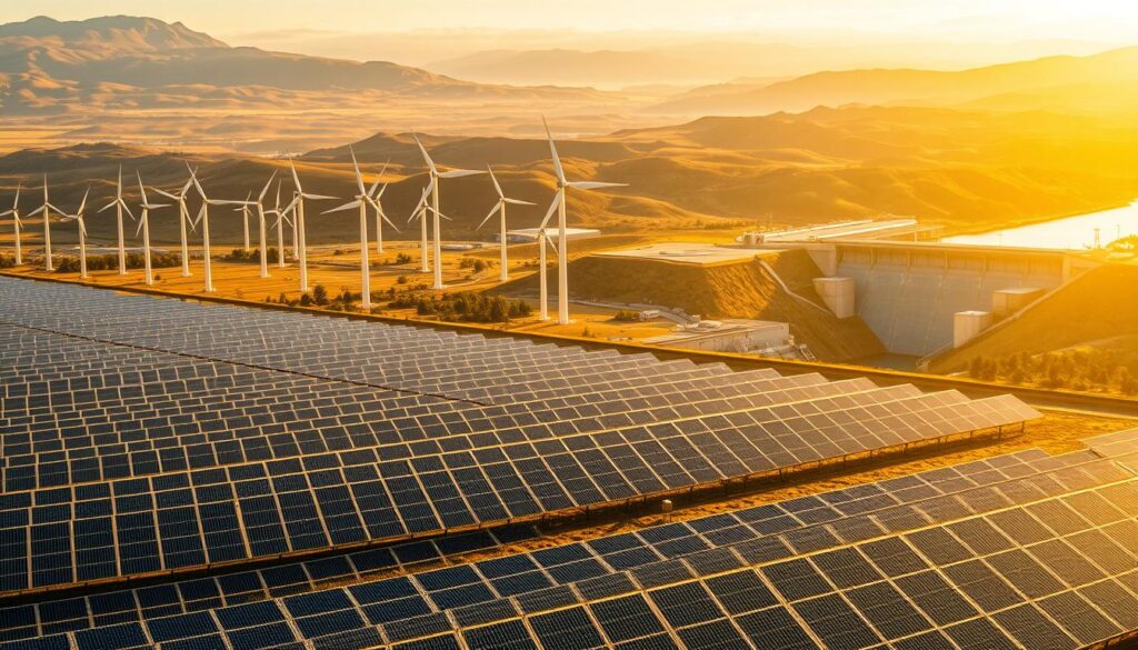 A sprawling landscape of renewable energy projects, bathed in warm, golden sunlight. In the foreground, a vast solar farm stretches out, its rows of sleek, shimmering panels capturing the sun's rays. In the middle ground, towering wind turbines stand majestically, their graceful blades cutting through the air, generating clean, sustainable power. In the distance, a hydroelectric dam sits nestled between rolling hills, its turbines churning to life, harnessing the power of flowing water. The scene conveys a sense of harmony, progress, and a hopeful vision for a future powered by renewable energy.