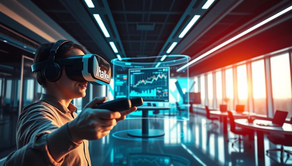 A striking virtual reality scene showcasing the future of financial solutions. In the foreground, a user immerses themselves in a dynamic 3D stock market simulation, their hands wielding intuitive VR controllers to navigate complex financial data. The middle ground features holographic displays and interactive visualizations, providing an intuitive and immersive interface for financial analysis and decision-making. The background depicts a sleek, futuristic office environment with floor-to-ceiling windows, bathed in cool, indirect lighting that enhances the high-tech atmosphere. The overall mood conveys a sense of innovation, efficiency, and the seamless integration of VR technology into the world of finance. A striking virtual reality scene showcasing the future of financial solutions. In the foreground, a user immerses themselves in a dynamic 3D stock market simulation, their hands wielding intuitive VR controllers to navigate complex financial data. The middle ground features holographic displays and interactive visualizations, providing an intuitive and immersive interface for financial analysis and decision-making. The background depicts a sleek, futuristic office environment with floor-to-ceiling windows, bathed in cool, indirect lighting that enhances the high-tech atmosphere. The overall mood conveys a sense of innovation, efficiency, and the seamless integration of VR technology into the world of finance.