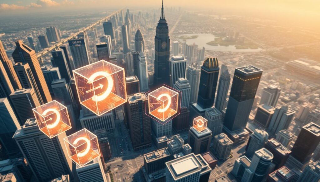 A stunning aerial view of a city skyline, with towering skyscrapers and busy streets below. In the foreground, a group of high-value assets such as luxury real estate, fine art, and exotic cars are depicted as fractional tokens, each represented by a glowing, holographic cube suspended in midair. The middle ground showcases a thriving financial district, with people engaging in transactions and negotiations through intuitive, holographic interfaces. In the background, a serene, digitized landscape unfolds, hinting at the vast potential of a tokenized asset economy. The scene is bathed in a warm, golden light, conveying a sense of prosperity and innovation. The overall atmosphere is one of technological advancements, seamless accessibility, and the democratization of high-value investments. A stunning aerial view of a city skyline, with towering skyscrapers and busy streets below. In the foreground, a group of high-value assets such as luxury real estate, fine art, and exotic cars are depicted as fractional tokens, each represented by a glowing, holographic cube suspended in midair. The middle ground showcases a thriving financial district, with people engaging in transactions and negotiations through intuitive, holographic interfaces. In the background, a serene, digitized landscape unfolds, hinting at the vast potential of a tokenized asset economy. The scene is bathed in a warm, golden light, conveying a sense of prosperity and innovation. The overall atmosphere is one of technological advancements, seamless accessibility, and the democratization of high-value investments.