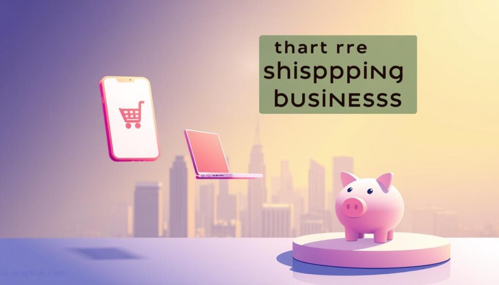 A stylized digital illustration depicting a step-by-step guide for starting a dropshipping business in 2025 with no initial investment. The foreground shows a series of floating interface elements - a smartphone, a laptop, a shopping cart icon, and a piggy bank icon - arranged in a clean, minimalist layout. The middle ground features a cityscape in the background, hinting at the global reach of e-commerce. The lighting is soft and warm, creating a sense of optimism and opportunity. The overall mood is one of simplicity, accessibility, and the empowerment of entrepreneurship in the digital age.