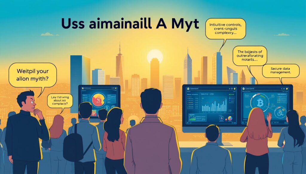 A stylized illustration depicting the common myths surrounding financial automation. In the foreground, a group of people grappling with misconceptions, such as a person fearing job loss, another concerned about data privacy, and a third overwhelmed by complexity. In the middle ground, financial technology interfaces showcasing intuitive controls and secure data management. In the background, a cityscape with gleaming skyscrapers, conveying the modern, cutting-edge nature of fintech. The scene is bathed in a warm, golden light, creating a sense of optimism and progress. The overall atmosphere is one of dispelling myths and embracing the transformative power of financial automation. A stylized illustration depicting the common myths surrounding financial automation. In the foreground, a group of people grappling with misconceptions, such as a person fearing job loss, another concerned about data privacy, and a third overwhelmed by complexity. In the middle ground, financial technology interfaces showcasing intuitive controls and secure data management. In the background, a cityscape with gleaming skyscrapers, conveying the modern, cutting-edge nature of fintech. The scene is bathed in a warm, golden light, creating a sense of optimism and progress. The overall atmosphere is one of dispelling myths and embracing the transformative power of financial automation.