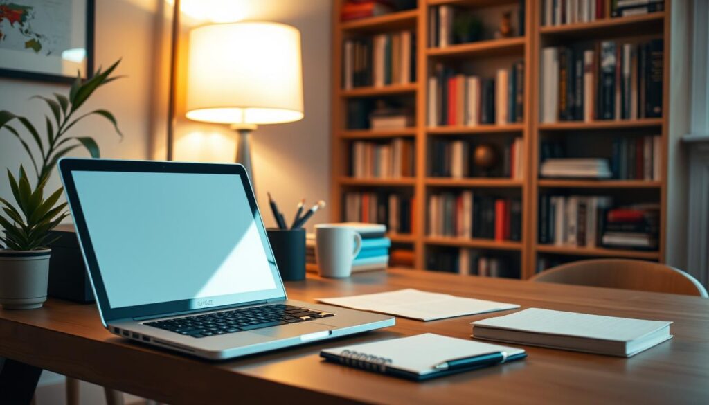 A tranquil, cozy home office with a laptop, notepad, and various office supplies neatly arranged on a wooden desk. Warm, diffused lighting from a floor lamp casts a soft glow, creating a comfortable, productive atmosphere. In the background, bookshelves lined with business and marketing books suggest the owner's expertise in affiliate marketing strategies. The overall scene conveys the passive income potential and financial freedom associated with a successful affiliate marketing venture.
