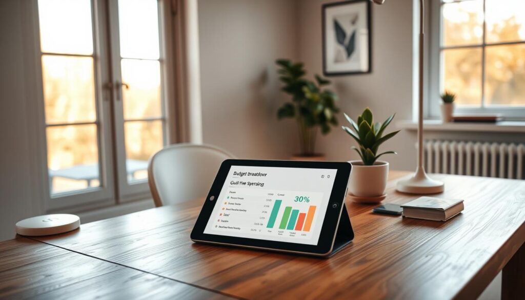 A tranquil home office with warm, natural lighting filtering through large windows. On the wooden desk, a digital tablet, a simple yet stylish desk lamp, and a potted plant. Displayed on the tablet's screen, a budget breakdown with a prominent "30%" section highlighted, symbolizing "guilt-free spending." The room's atmosphere conveys a sense of balance, productivity, and financial mindfulness. Modern, minimalist decor accents the space, creating a serene and inviting environment for responsible financial planning.