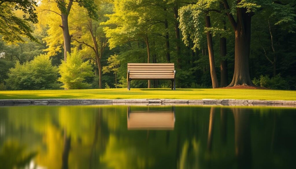 A tranquil, minimalist scene depicting the concept of "avoid investment mistakes." In the foreground, a serene pond with a smooth, reflective surface, symbolizing the need for careful, thoughtful decision-making. In the middle ground, a simple wooden park bench, inviting contemplation. The background features a lush, verdant forest, conveying a sense of natural harmony and balance. Warm, diffused lighting casts a gentle glow, creating a calming, introspective atmosphere. The overall composition encourages the viewer to pause, reflect, and avoid the pitfalls of hasty or impulsive investment choices.