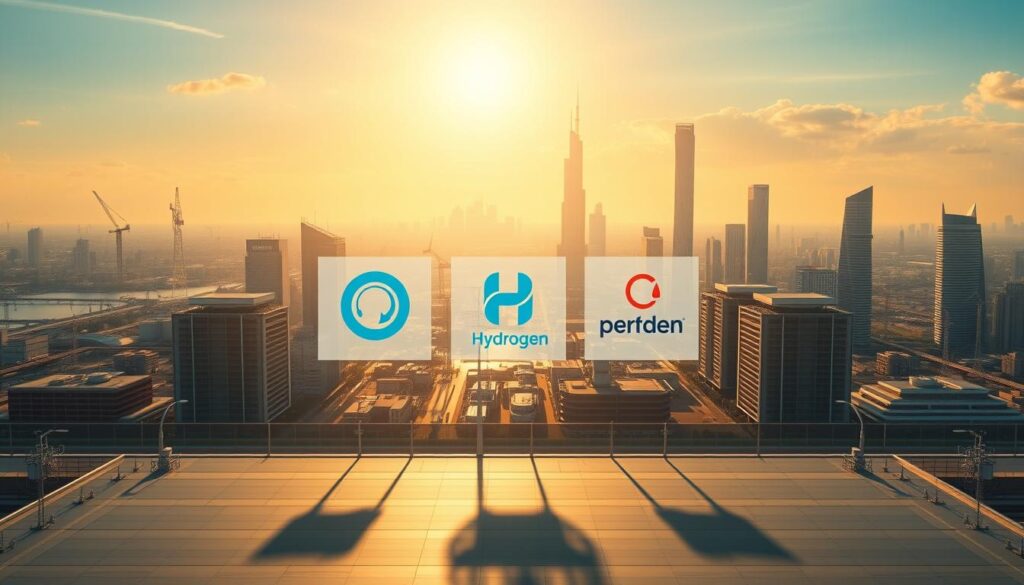 A vast expanse of clean energy solutions, showcasing the leading innovators in the hydrogen revolution. In the center, five prominent hydrogen companies stand tall, their logos and branding prominently displayed against a futuristic cityscape backdrop. The scene is bathed in a warm, golden glow, symbolizing the promise of renewable energy and a sustainable future. Sleek, modern buildings and structures loom in the distance, hinting at the technological advancements driving the hydrogen industry forward. The overall composition conveys a sense of progress, innovation, and the collective efforts of these trailblazing companies to shape the green energy landscape of 2025.