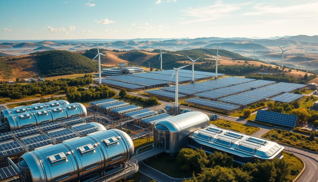 A vast, futuristic facility nestled in a serene, lush landscape, its gleaming metal and glass structures reflecting the warm rays of the sun. In the foreground, a network of sleek, high-tech electrolysis modules hum with the energy of renewable power, splitting water molecules to produce clean, sustainable hydrogen fuel. The middle ground features a sprawling array of solar panels and wind turbines, their blades gracefully spinning, powering the entire operation. In the background, rolling hills and a cloudless sky create a sense of harmony and environmental balance. The scene conveys a vision of a thriving, eco-friendly future where renewable energy and clean hydrogen technology work in seamless synergy.
