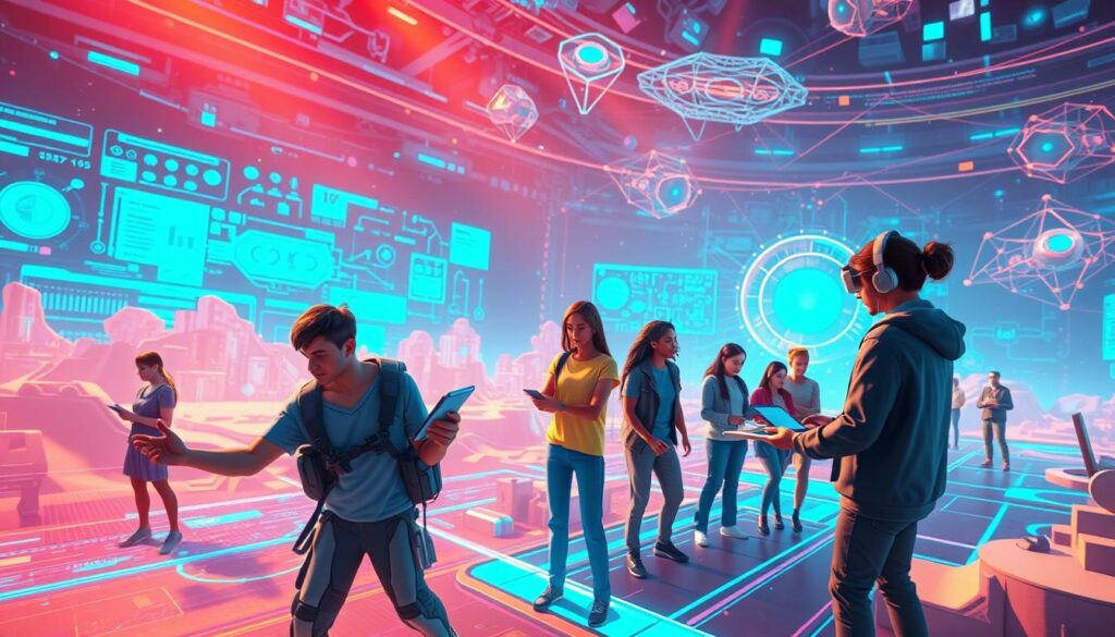 A vibrant and dynamic scene showcasing the essential skills for thriving in virtual worlds. In the foreground, a skilled avatar navigates a futuristic digital landscape, their hands expertly wielding cutting-edge tools for 3D modeling, coding, and virtual world design. In the middle ground, a diverse group of avatars collaborate on a shared virtual project, their expressions focused and their movements fluid, highlighting the importance of teamwork and communication. In the background, a vast, immersive virtual environment shimmers with holographic displays, data visualizations, and intricate, intertwined networks, symbolizing the technological depth and complexity of the metaverse. The scene is bathed in a warm, energizing glow, conveying a sense of excitement and possibility for those who possess the necessary skills to excel in this new digital frontier. A vibrant and dynamic scene showcasing the essential skills for thriving in virtual worlds. In the foreground, a skilled avatar navigates a futuristic digital landscape, their hands expertly wielding cutting-edge tools for 3D modeling, coding, and virtual world design. In the middle ground, a diverse group of avatars collaborate on a shared virtual project, their expressions focused and their movements fluid, highlighting the importance of teamwork and communication. In the background, a vast, immersive virtual environment shimmers with holographic displays, data visualizations, and intricate, intertwined networks, symbolizing the technological depth and complexity of the metaverse. The scene is bathed in a warm, energizing glow, conveying a sense of excitement and possibility for those who possess the necessary skills to excel in this new digital frontier.