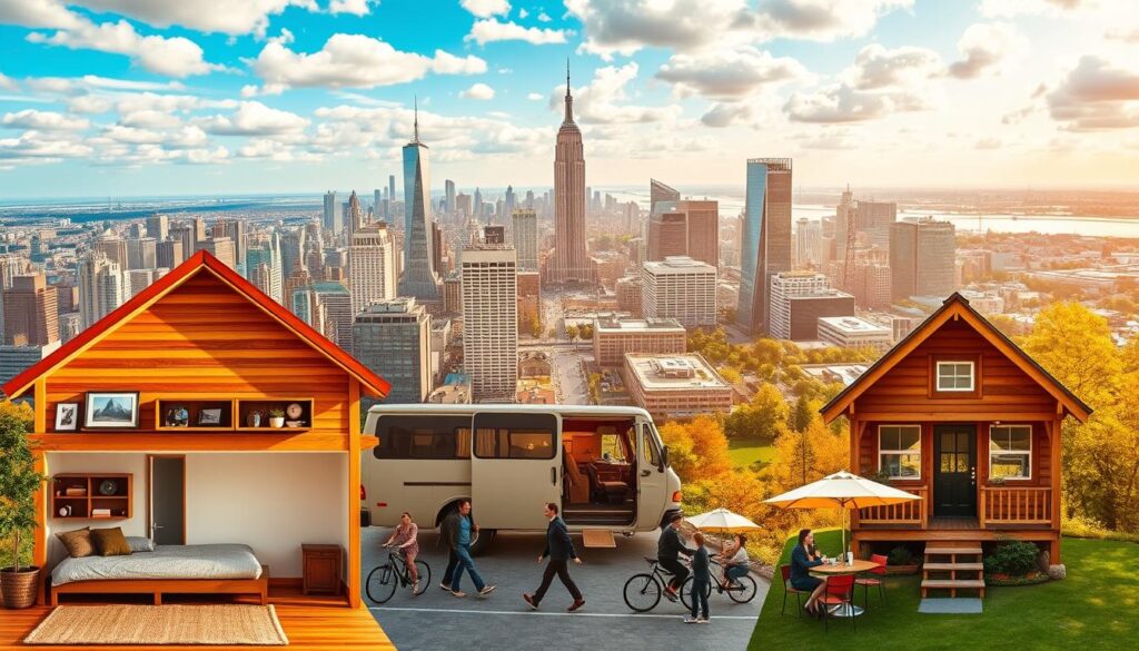 A vibrant collage showcasing the diverse "FIRE lifestyle options" against a dynamic cityscape backdrop. In the foreground, a minimalist apartment, a cozy van conversion, and a tranquil cabin in the woods symbolize the various paths to financial independence and early retirement. The middle ground features a bustling urban scene with people cycling, walking, and enjoying outdoor cafes, reflecting the flexibility and freedom inherent in the FIRE movement. The background is a striking panorama of skyscrapers, bridges, and green spaces, hinting at the broader societal changes and opportunities emerging in the FIRE landscape of 2025. Warm, golden lighting bathes the entire scene, creating a sense of optimism and possibility.