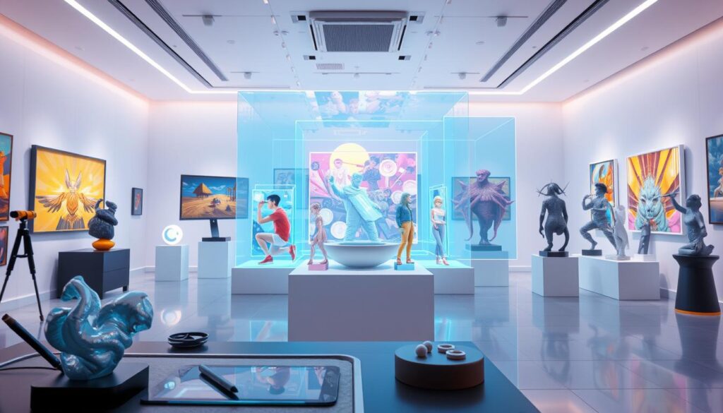 A vibrant digital art gallery showcasing a diverse array of interactive NFT artworks. In the foreground, a digital artist's workstation with a stylus, tablet, and a rendered 3D model of an abstract digital sculpture. In the middle ground, a series of holographic NFT displays showcasing dynamic, animated digital paintings and sculptures that respond to user interactions. The background depicts a futuristic, minimalist art space with clean lines, soft lighting, and a sleek, high-tech ambiance that amplifies the digital artworks' immersive allure. The scene conveys a sense of creativity, innovation, and the boundless potential of selling one's own interactive NFT creations.