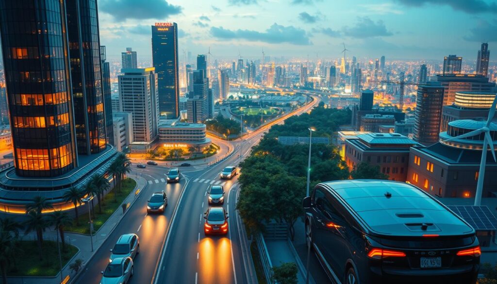 A vibrant, futuristic cityscape illuminated by the warm glow of renewable energy sources. In the foreground, sleek electric vehicles glide along clean streets lined with towering skyscrapers adorned with solar panels. The middle ground features thriving green spaces and advanced manufacturing facilities powered by wind turbines. In the background, a breathtaking panorama of sustainable industries like biotechnology, green technology, and renewable energy. The scene is bathed in a soft, diffused light that casts a hopeful, optimistic tone, reflecting the promise of high-growth, environmentally-conscious sectors shaping the economy of tomorrow.