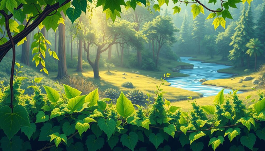 A vibrant illustration of organic traffic strategies, rendered in a realistic, detailed style. In the foreground, clusters of lush, verdant vines and leafy plants, symbolizing the natural, sustainable growth of website traffic. The middle ground features a serene forest backdrop, with sunlight filtering through the canopy, creating a warm, inviting atmosphere. In the background, a winding river flows through the landscape, representing the fluid, ever-changing nature of online marketing. The overall scene conveys a sense of harmony, balance, and the power of organic, eco-friendly techniques to drive business success.