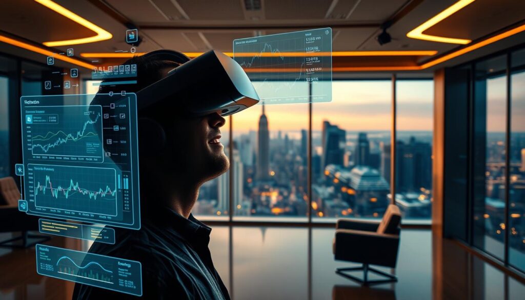 A virtual reality scene depicting the benefits of investing in a simulated stock market. In the foreground, a person wearing a VR headset is immersed in a detailed 3D financial dashboard, with charts, graphs, and market data floating around them. The middle ground features a sleek, futuristic office setting with large holographic displays showcasing investment strategies and portfolio management tools. In the background, a panoramic city skyline is visible through floor-to-ceiling windows, bathed in warm, golden lighting that creates a sense of prosperity and financial opportunity. The overall atmosphere conveys the empowerment, education, and risk-free experimentation afforded by virtual reality investment simulations. A virtual reality scene depicting the benefits of investing in a simulated stock market. In the foreground, a person wearing a VR headset is immersed in a detailed 3D financial dashboard, with charts, graphs, and market data floating around them. The middle ground features a sleek, futuristic office setting with large holographic displays showcasing investment strategies and portfolio management tools. In the background, a panoramic city skyline is visible through floor-to-ceiling windows, bathed in warm, golden lighting that creates a sense of prosperity and financial opportunity. The overall atmosphere conveys the empowerment, education, and risk-free experimentation afforded by virtual reality investment simulations.