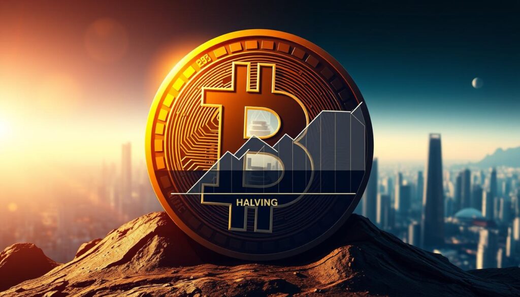 A visually striking illustration of the Bitcoin halving process. In the foreground, a stylized Bitcoin logo, its iconic symbol dramatically split in half, representing the supply reduction. In the middle ground, a geometric halving chart visualizes the exponential decrease in new Bitcoin supply over time. The background features a futuristic cityscape, hinting at the widespread impact of this economic event. Dramatic lighting casts long shadows, emphasizing the gravity of the halving. The overall composition conveys the significance of this periodic event in the Bitcoin lifecycle, serving as a powerful visual metaphor for the cryptocurrency's evolving scarcity.